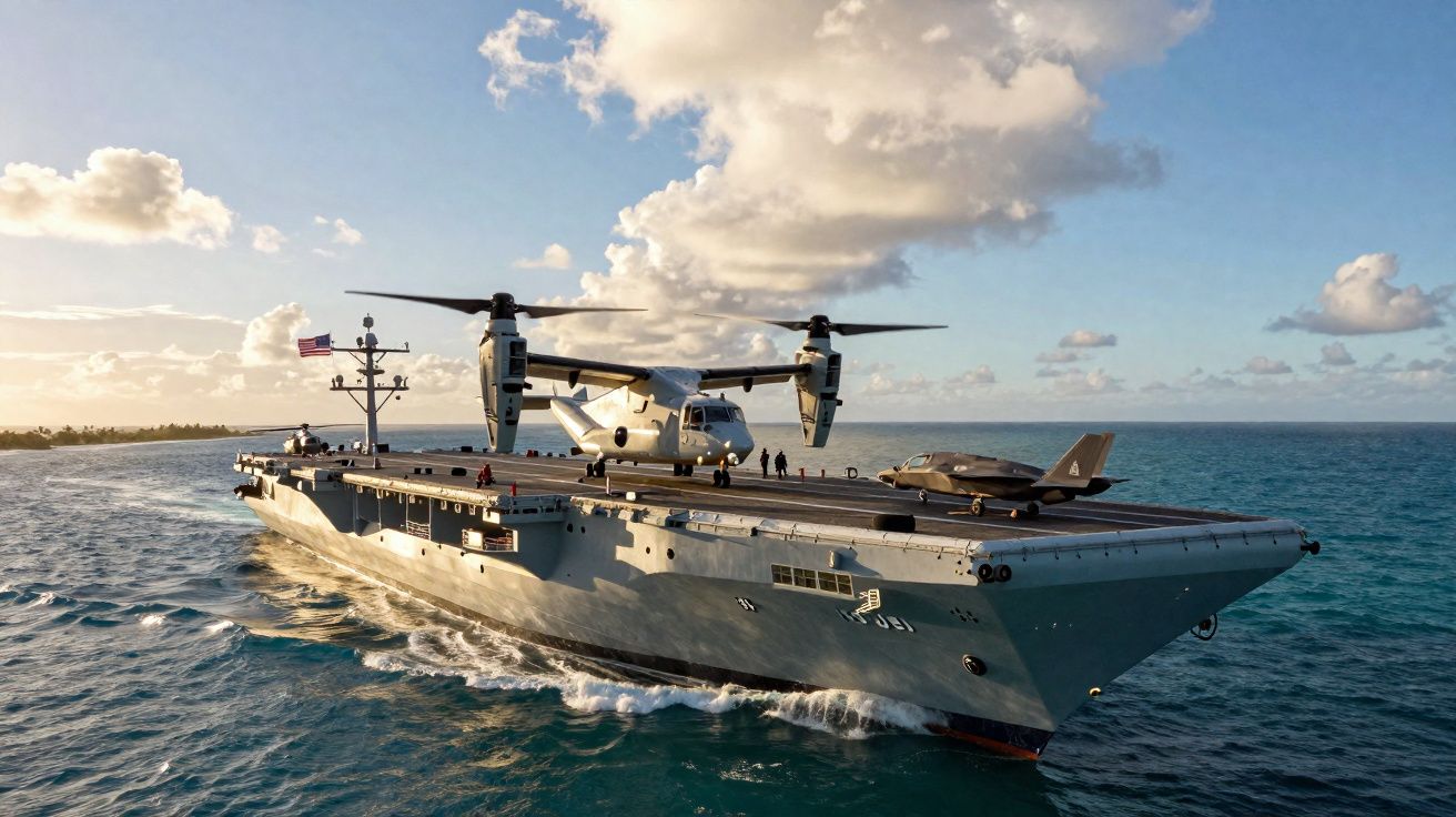 Porta-aviões com um helicóptero Osprey e um avião de caça no convés navegando em mar aberto ao pôr do sol.