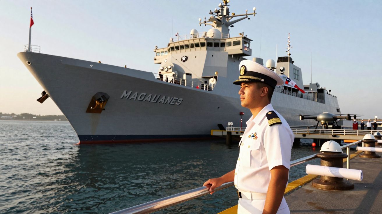 Marinheiro em uniforme branco observa o navio de guerra Macalanes atracado no porto durante o dia.