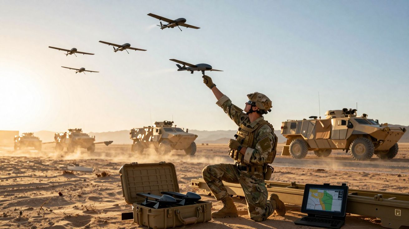Soldado operando drone militar em deserto com veículos blindados e drones voando ao amanhecer.