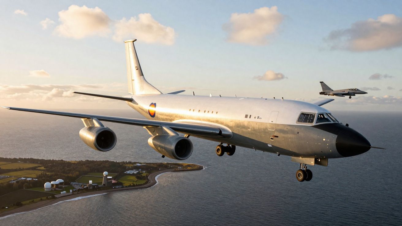 Avião militar com quatro motores voando sobre a costa marítima ao entardecer com outro caça atrás.