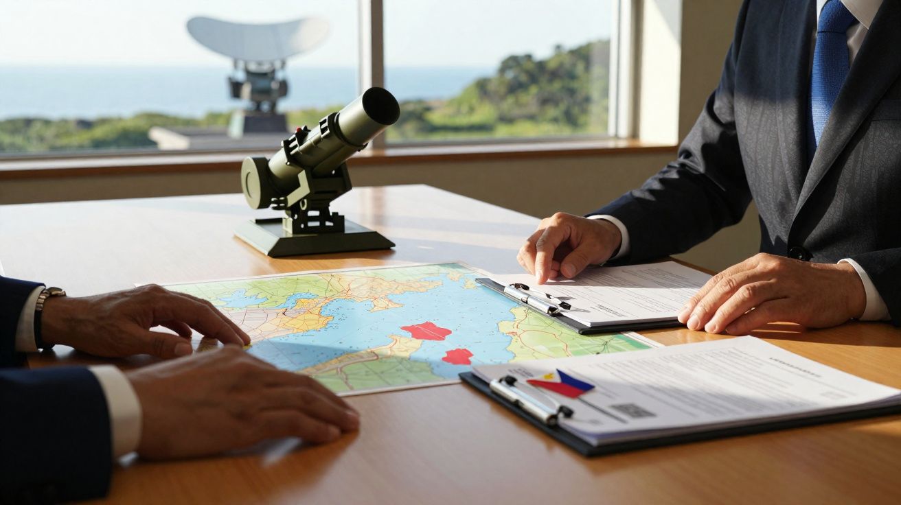 Duas pessoas de terno em reunião com mapa, documentos e telescópio sobre mesa perto de janela.