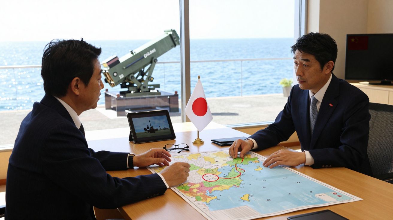 Dois homens japoneses em terno discutem um mapa à mesa com uma bandeira do Japão e vista para o mar ao fundo.