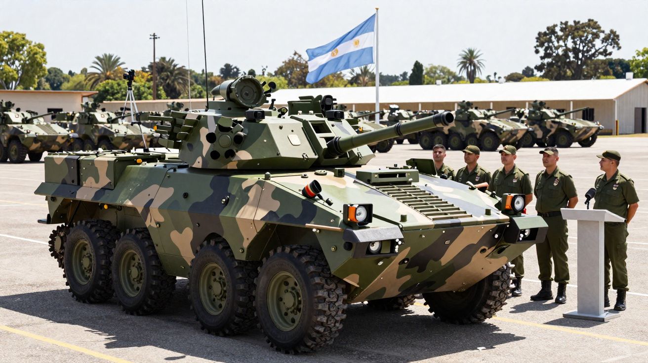 Veículo blindado militar camuflado com soldados e bandeira da Argentina ao fundo em pátio aberto.