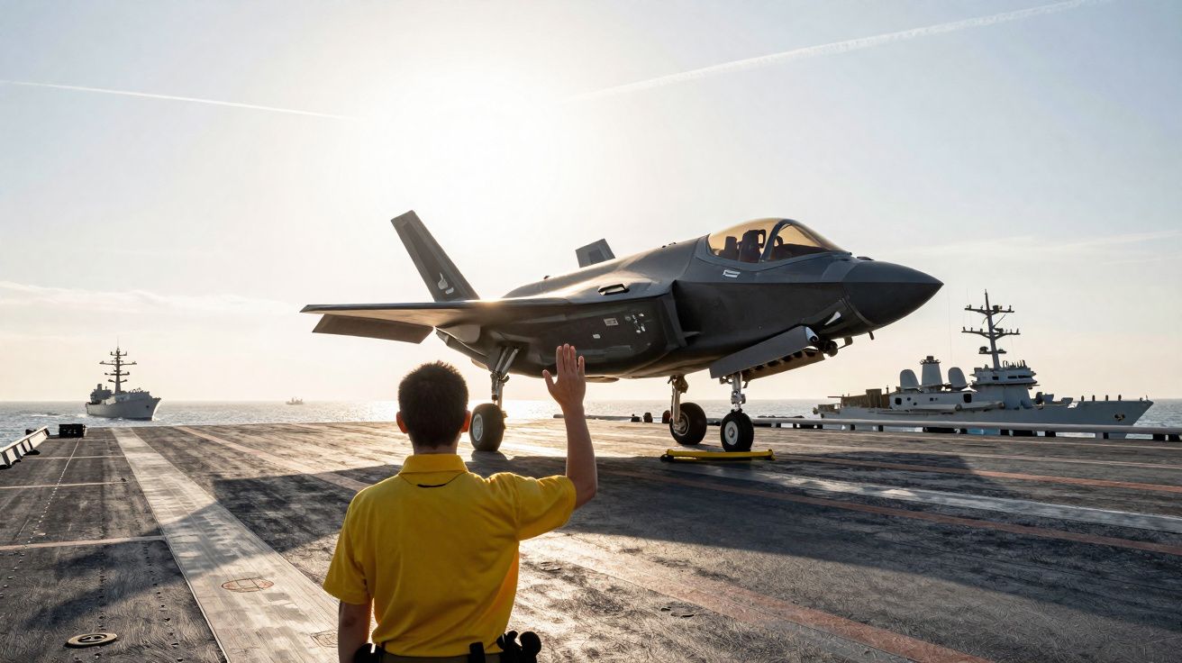 Homem com camisa amarela orienta caça F-35 em convés de porta-aviões ao pôr do sol no mar.