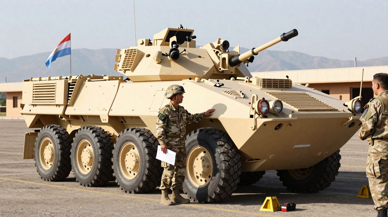 Veículo blindado militar bege de oito rodas com soldados e bandeira no fundo, em área aberta.