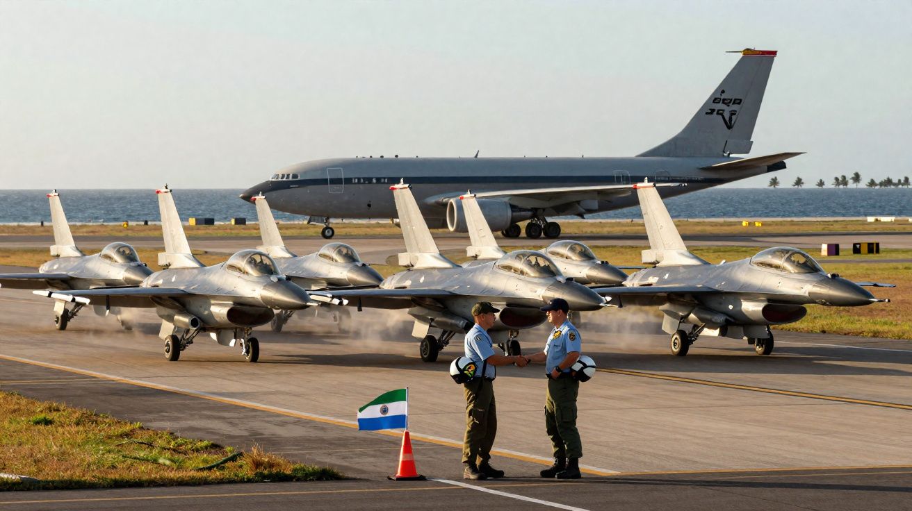 Cinco caças F-16 alinhados em pista com dois militares e grande avião militar ao fundo.
