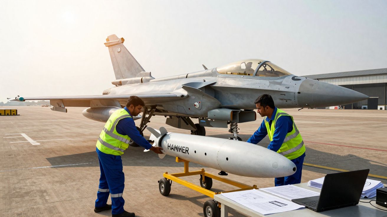 Dois homens com coletes refletores inspecionam um míssil sob um caça estacionado em aeroporto militar.