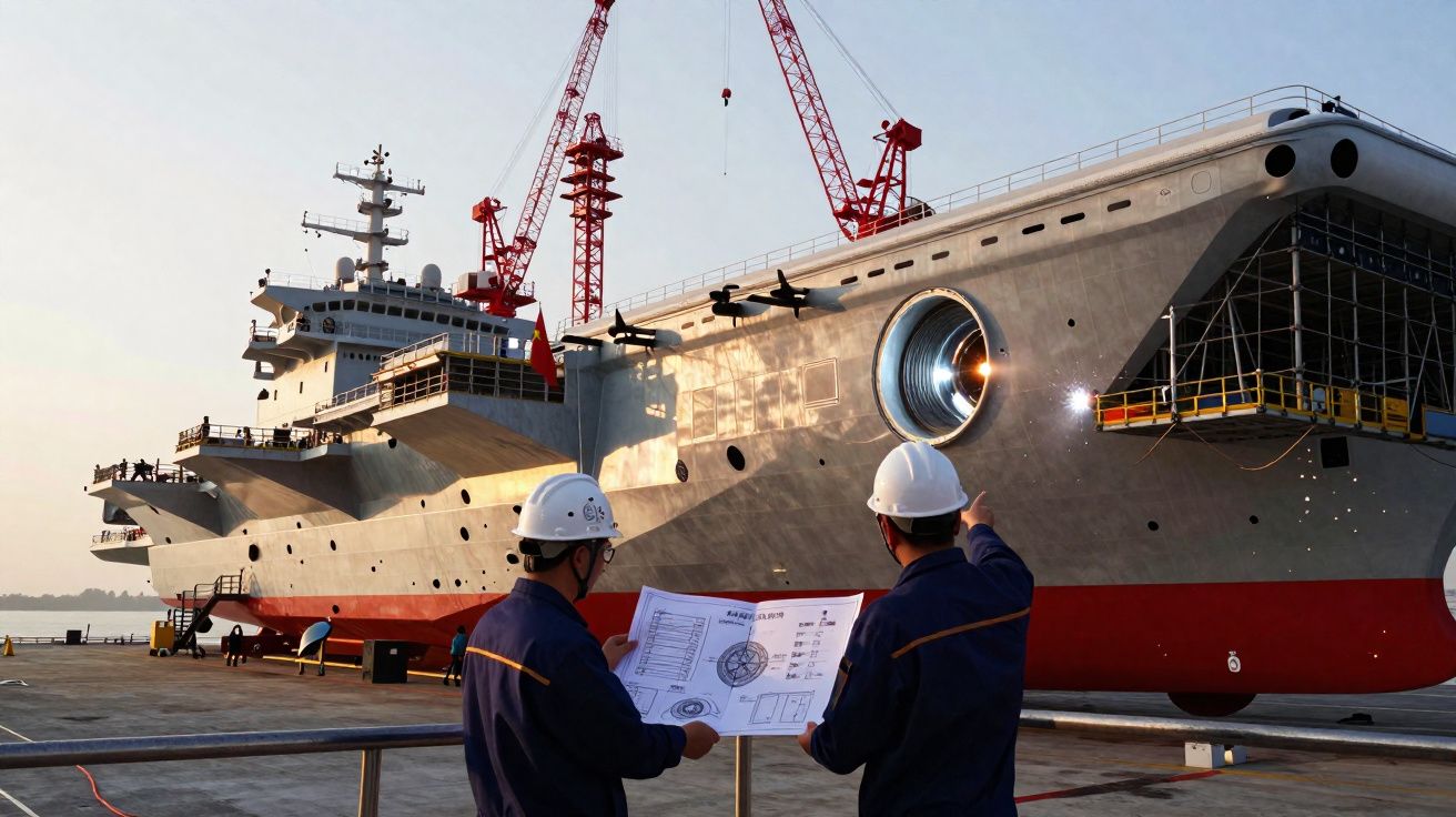 Dois trabalhadores com capacetes revisam plantas na doca próxima a um navio de grande porte em construção.