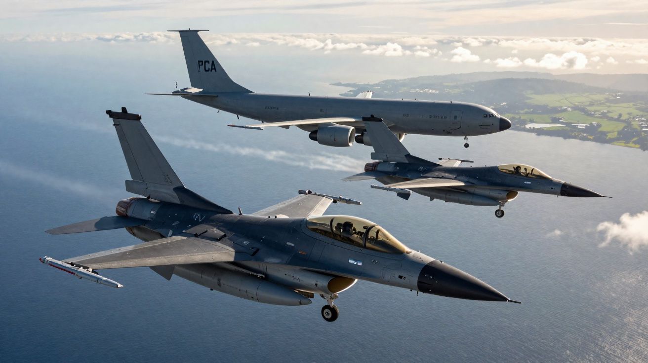 Dois caças F-16 voando próximos de um avião militar de grande porte sobre o mar e áreas verdes.