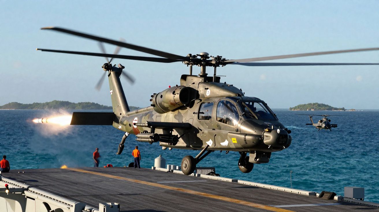 Helicóptero militar lançando míssil próximo ao mar sobre plataforma naval com pessoas ao redor.