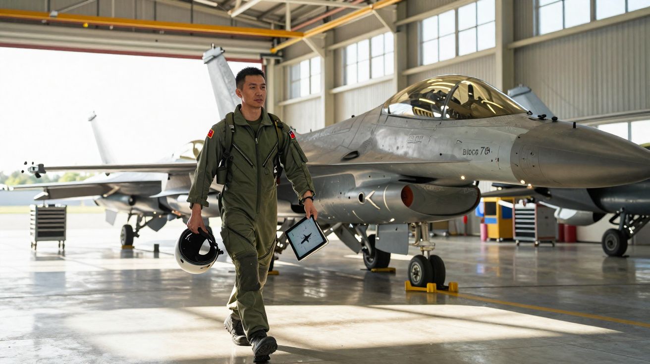 Piloto militar em macacão verde caminha segurando capacete em hangar com caça cinza ao fundo