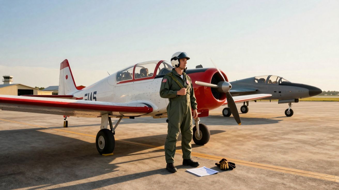 Piloto em roupa de voo verde em frente a avião branco e vermelho e caça estacionados no aeródromo ao entardecer.