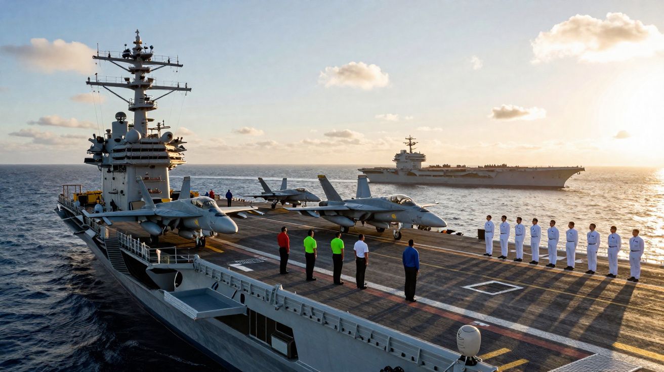 Porta-aviões com jatos e tripulação alinhada no convés durante o pôr do sol no mar.