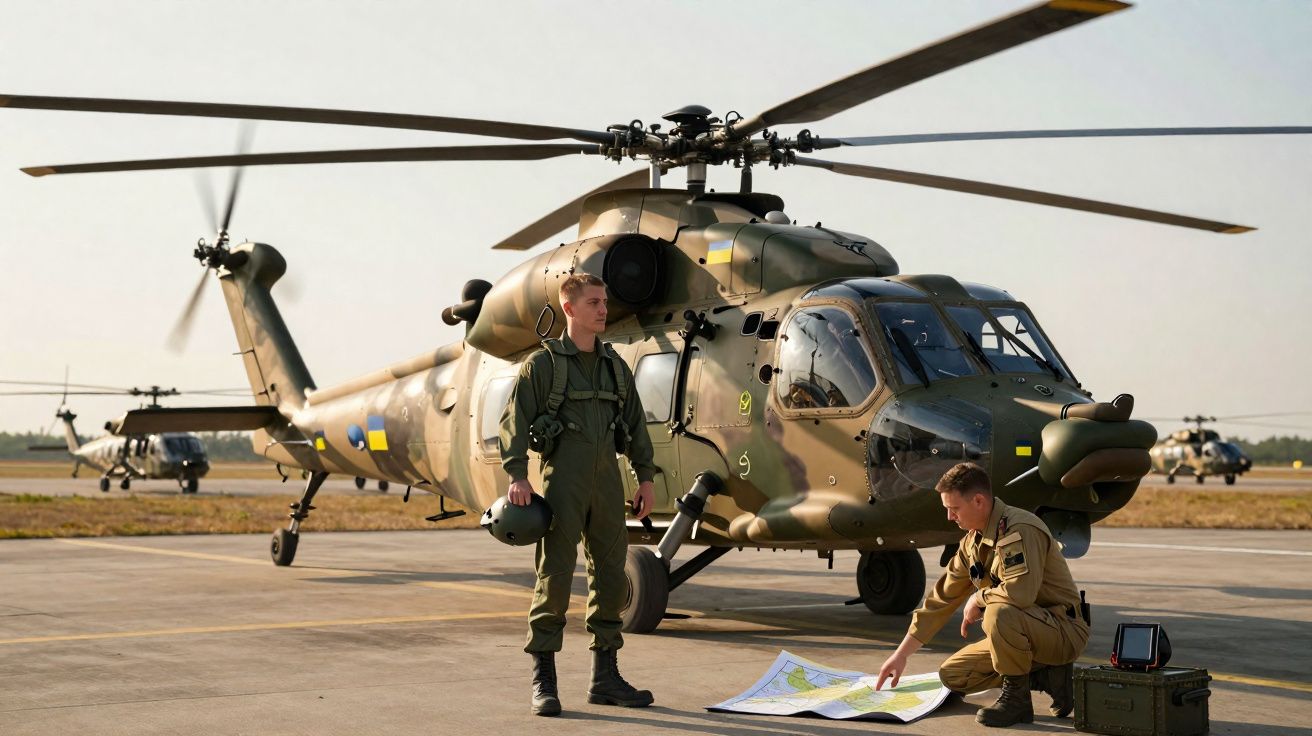 Dois militares próximos a um helicóptero de combate camuflado em área de pouso.