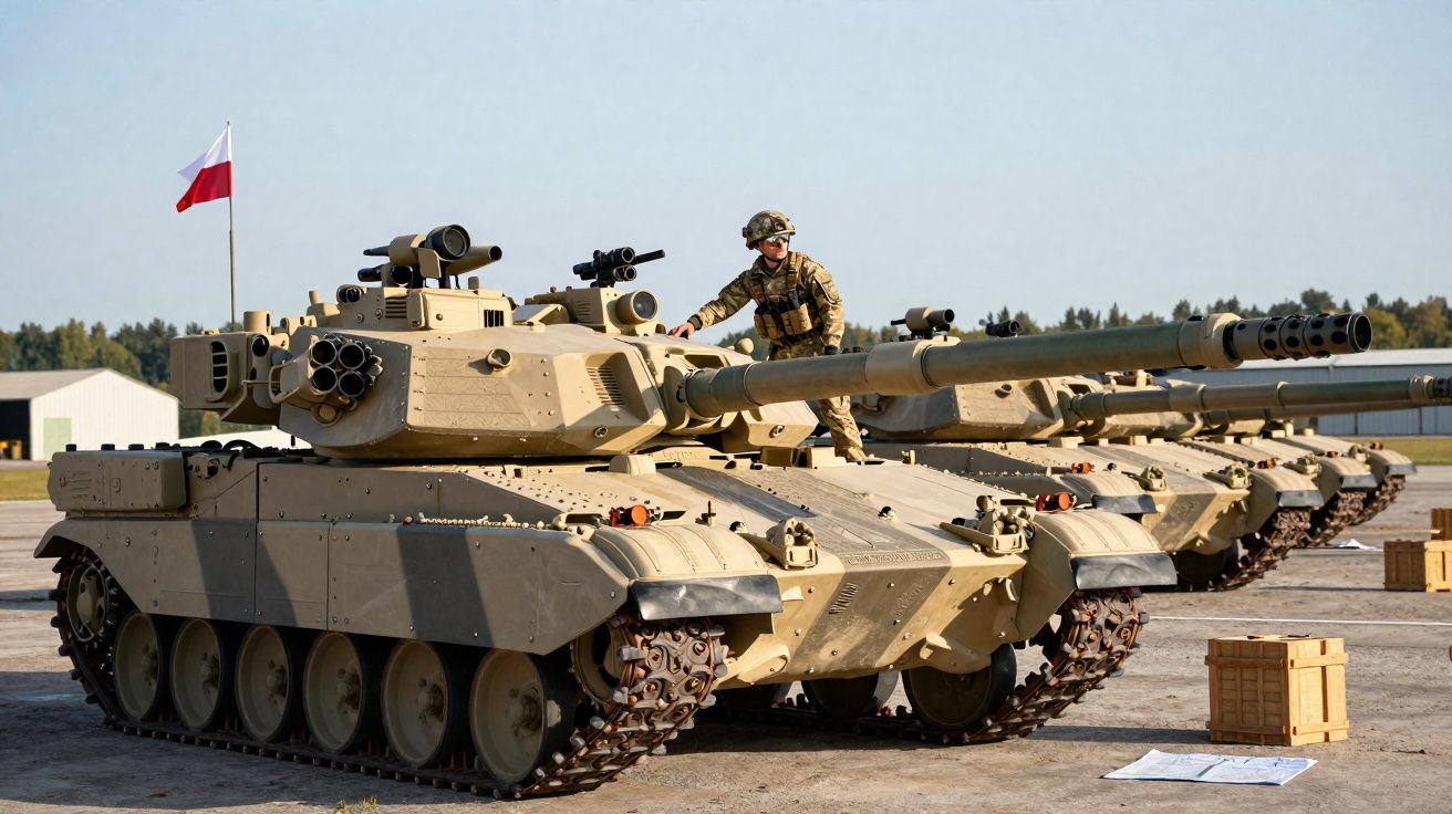 Tanques militares na cor bege alinhados, com soldado sobre o primeiro veículo e bandeira da Polônia ao fundo.