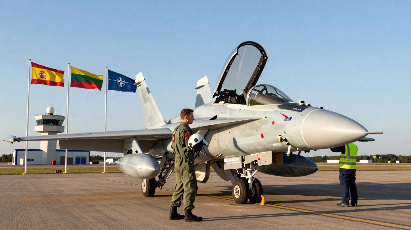 Caça militar estacionado em pista, com piloto e técnico ao lado e bandeiras da Espanha, Lituânia e OTAN ao fundo.