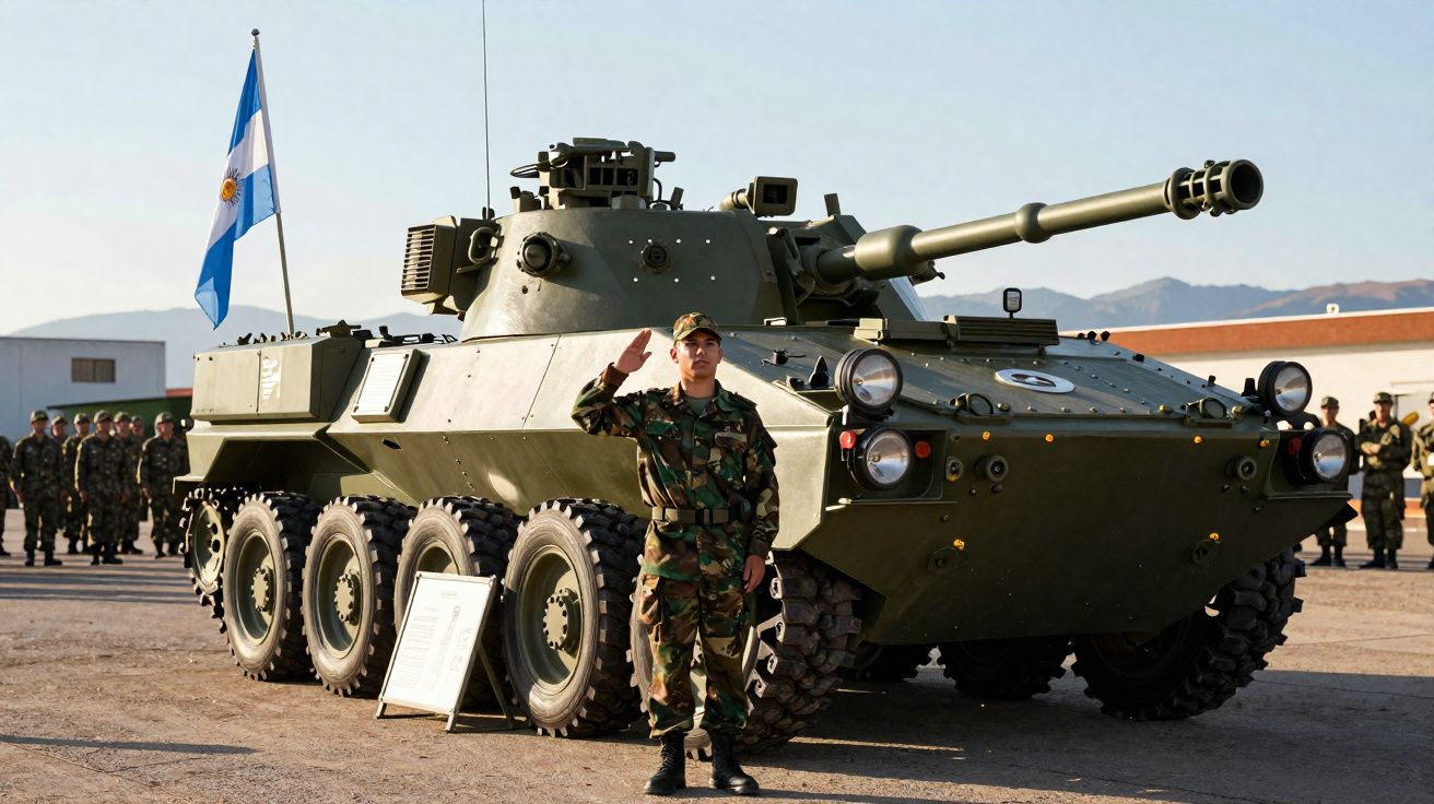Soldado em farda camuflada saudando ao lado de blindado militar argentino com bandeira ao fundo.