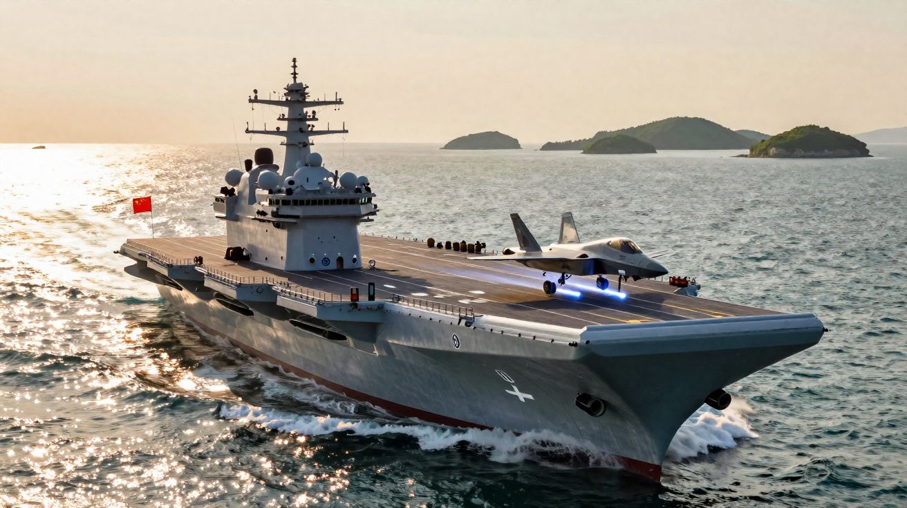 Porta-aviões militar navegando no mar com avião de combate no convés ao pôr do sol.