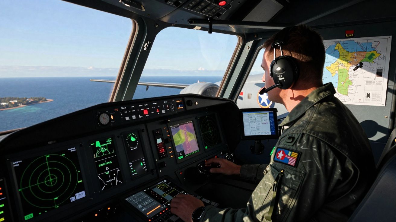 Piloto militar operando controles eletrônicos em cabine de aeronave com vista para o mar e radar ativo.