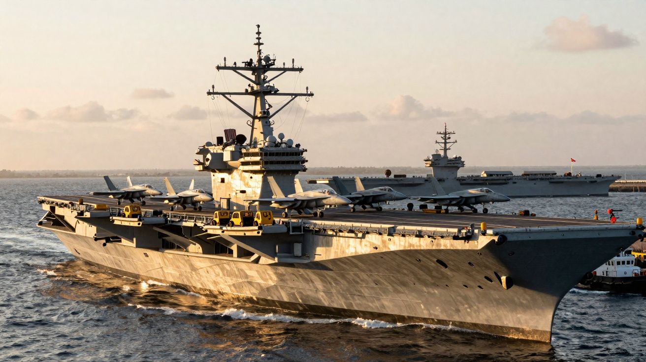 Porta-aviões naval com jatos de combate no convés navegando ao entardecer em mar calmo.