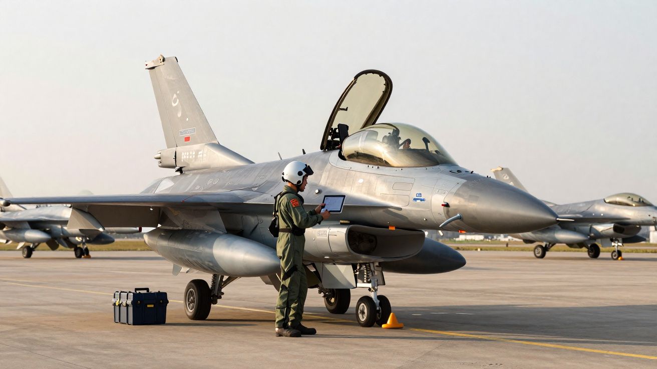Piloto militar com capacete verifica tablet ao lado de caça F-16 estacionado em pista de aeroporto.