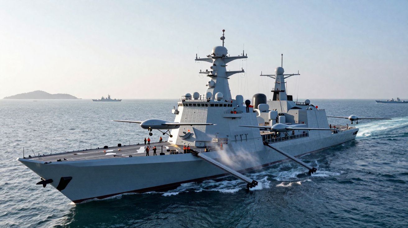 Navio de guerra moderno navegando no mar com tripulantes no convés em dia claro.