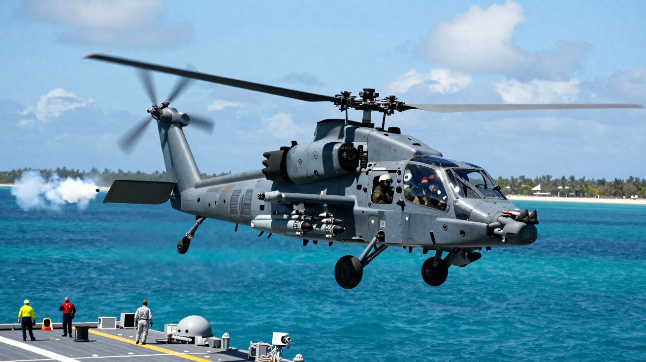 Helicóptero militar cinza em voo baixo sobre o mar próximo a navio com tripulação observando.