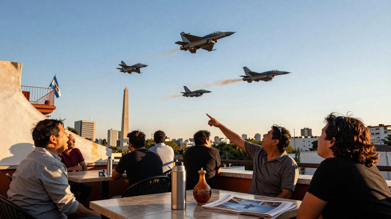 Pessoas observam voo de quatro jatos militares sobre cidade ao entardecer, com obelisco ao fundo.