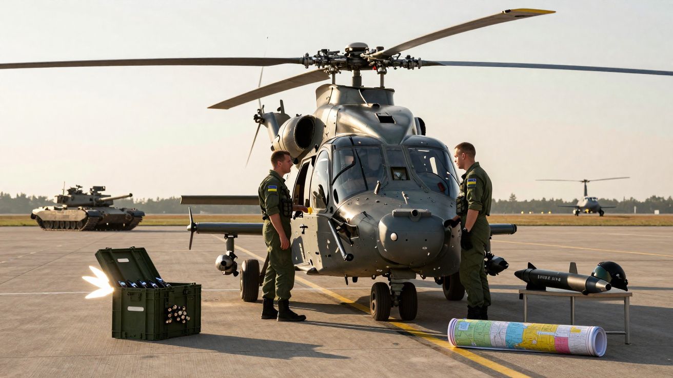Helicóptero militar estacionado com dois soldados em frente, tanque ao fundo e equipamentos no chão.