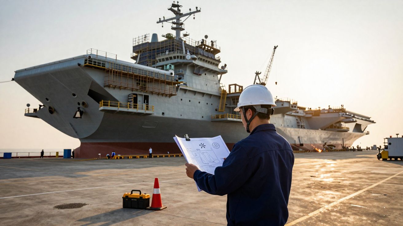 Engenheiro com capacete branco analisando plantas em doca perto de grande navio militar cinza ao pôr do sol.