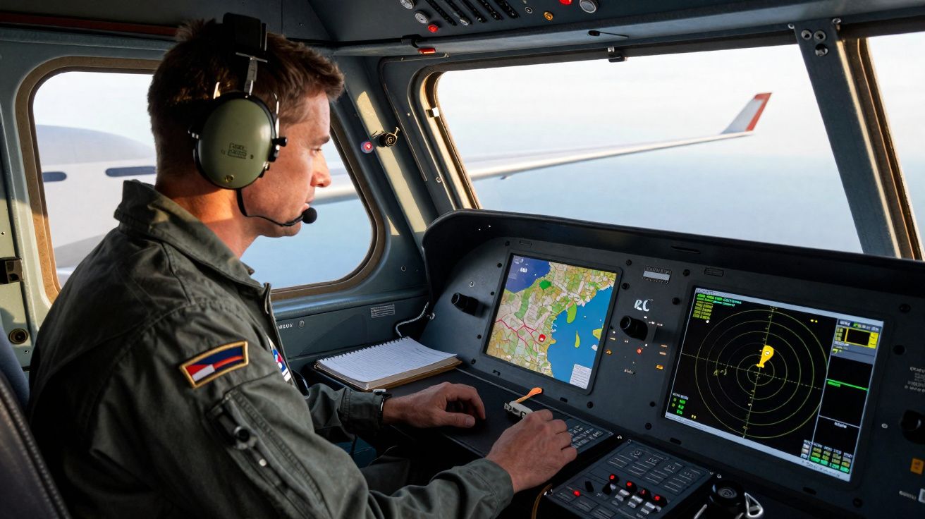 Piloto usando fones em cabine de avião militar operando equipamentos com telas de radar e mapa.