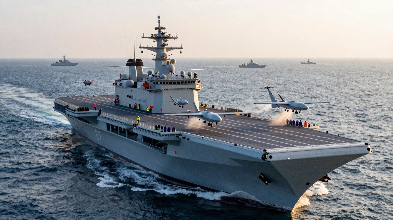 Porta-aviões naval em operação com drones decolando e outros navios ao fundo no mar.
