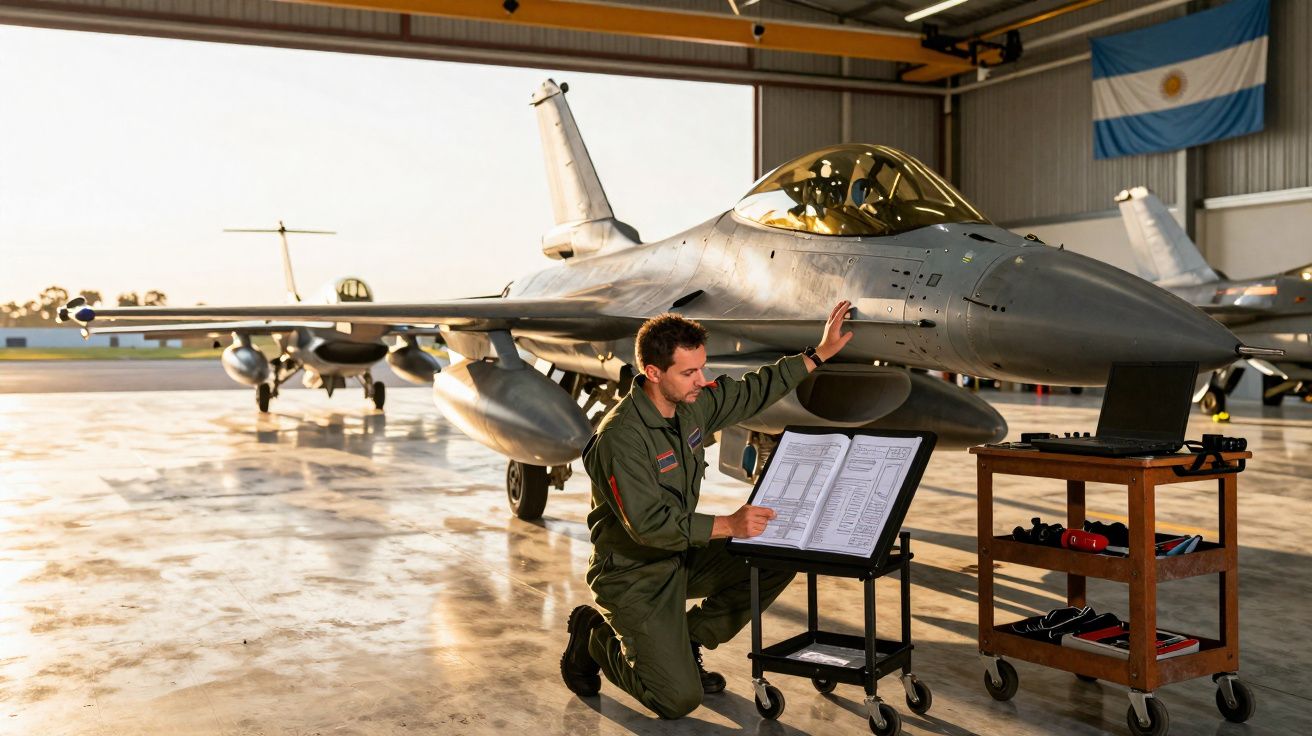 Militar em uniforme verde realiza inspeção técnica em caça F-16 dentro de hangar com bandeira da Argentina ao fundo.