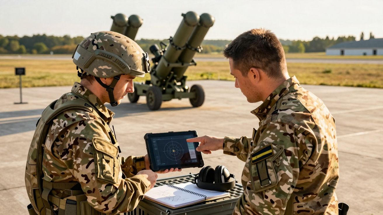 Dois soldados em uniformes camuflados consultam um tablet em área externa com equipamentos militares ao fundo.
