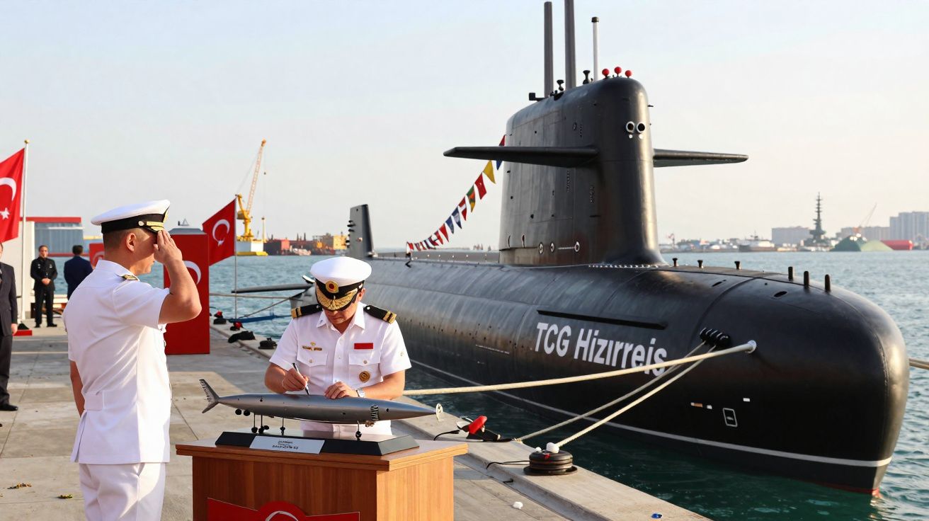 Dois oficiais navais e um submarino TCG Hizirreis atracado em um cais com bandeiras turcas ao fundo.
