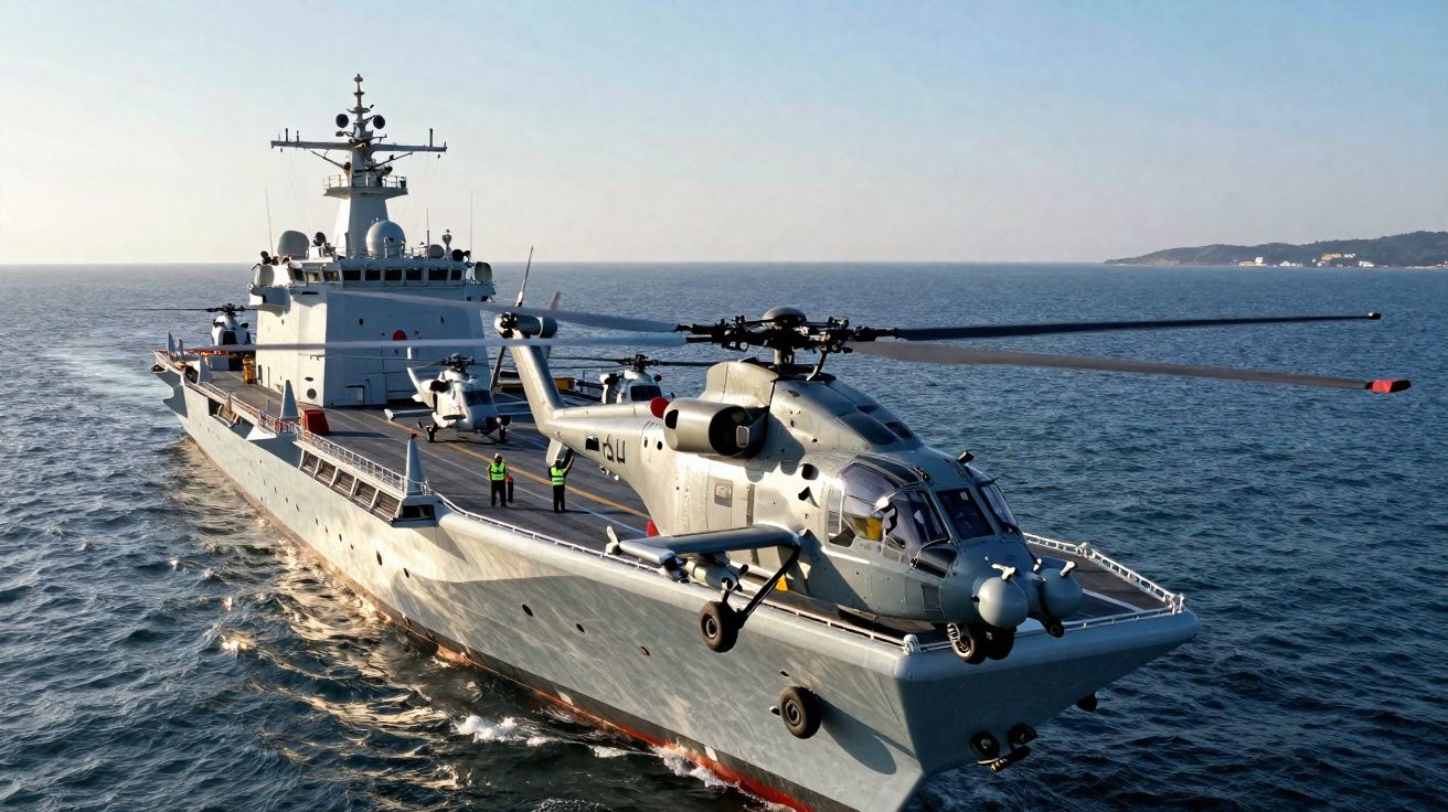Navio militar cinza com helicóptero pousado na proa, navegando em mar calmo sob céu claro.