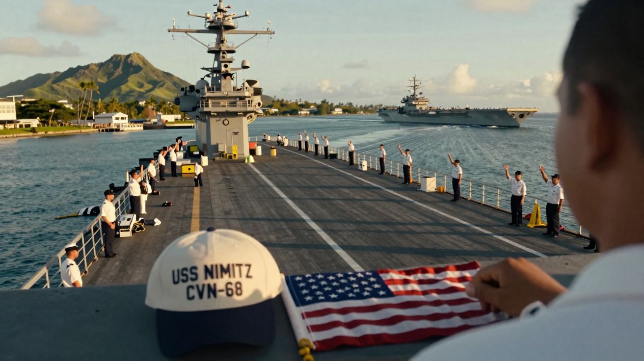Marinheiros em navio USS Nimitz com bandeira dos EUA e ilha ao fundo durante o dia.