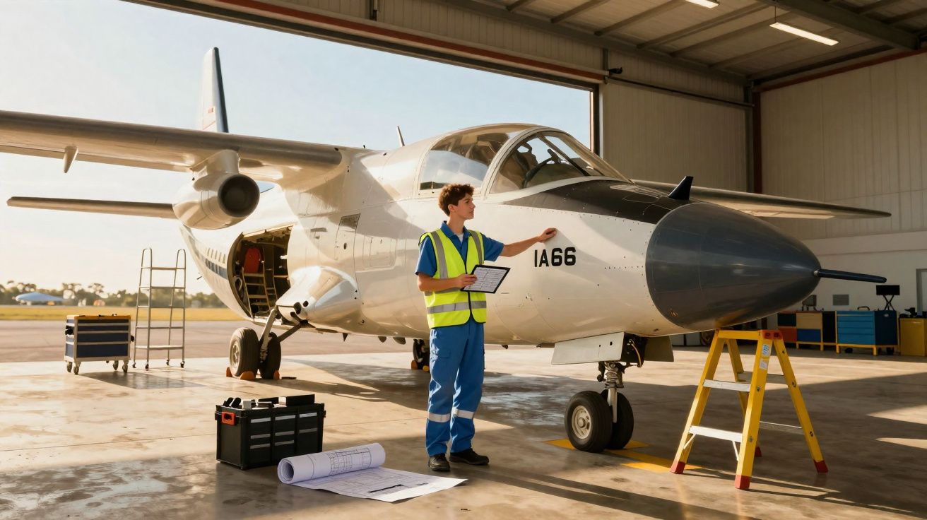 Técnico em uniforme verificando avião branco em hangar, com maleta e projetos no chão.