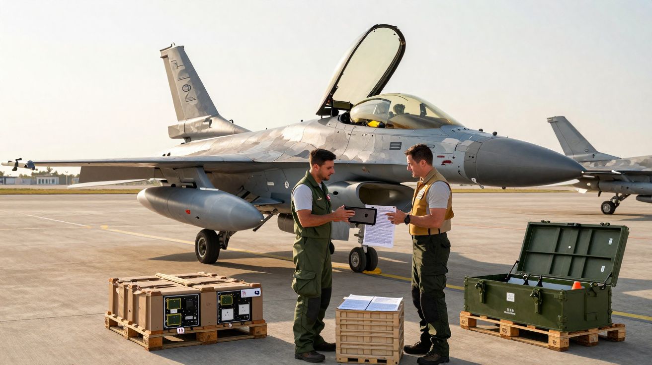 Dois militares conversam em frente a um caça estacionado com equipamentos militares ao redor no solo.