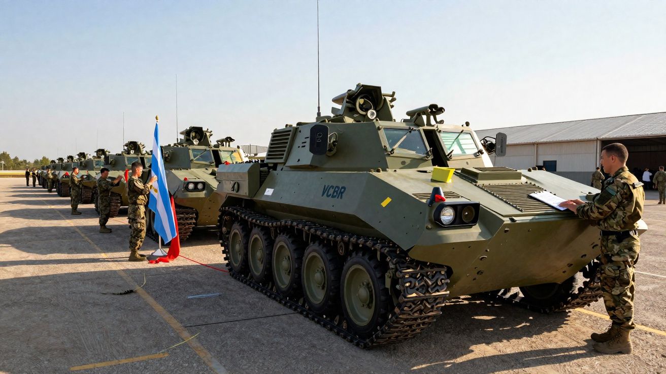 Veículos blindados militares alinhados com soldados em uniforme conferindo documentos em área aberta.