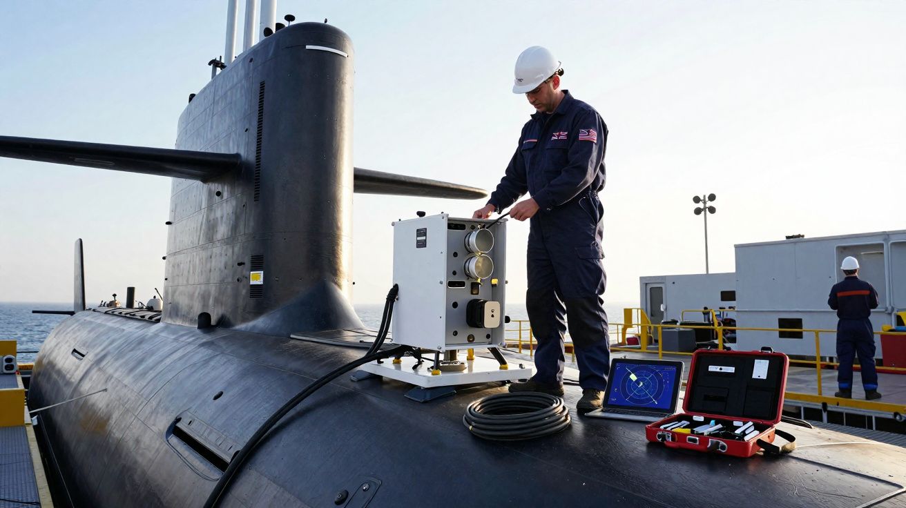 Técnico em uniforme e capacete realiza manutenção em equipamento sobre submarino no convés de base naval.