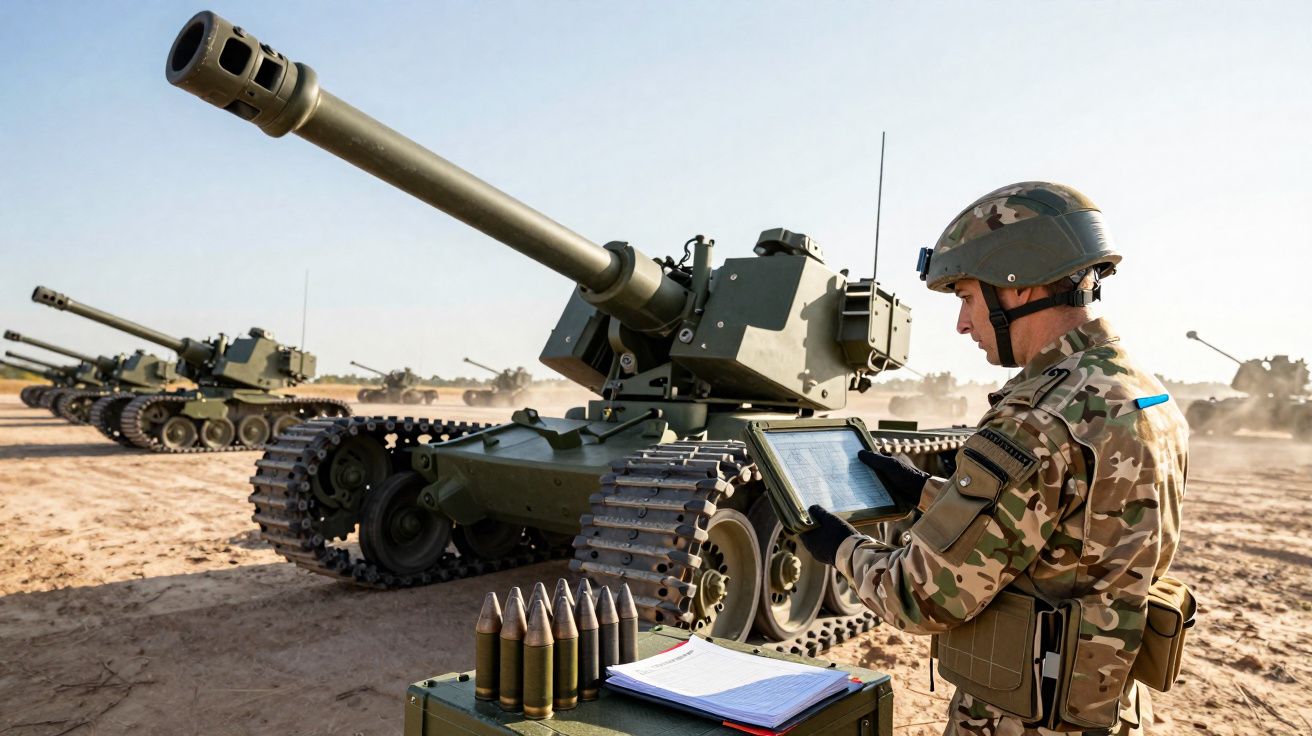 Soldado usando tablet ao lado de artilharia autopropulsada em formação no deserto.