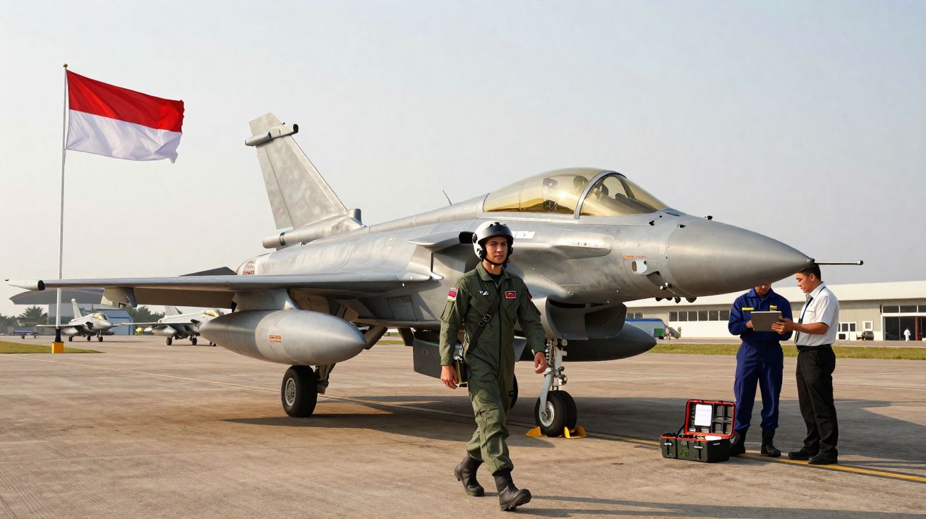 Caça militar estacionado em pista com piloto caminhando na frente e duas pessoas verificando documentos ao fundo.
