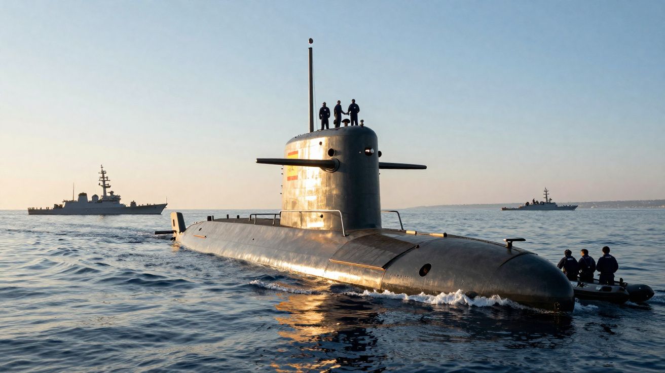 Submarino militar na superfície do mar com tripulação e dois navios de guerra ao fundo ao entardecer.