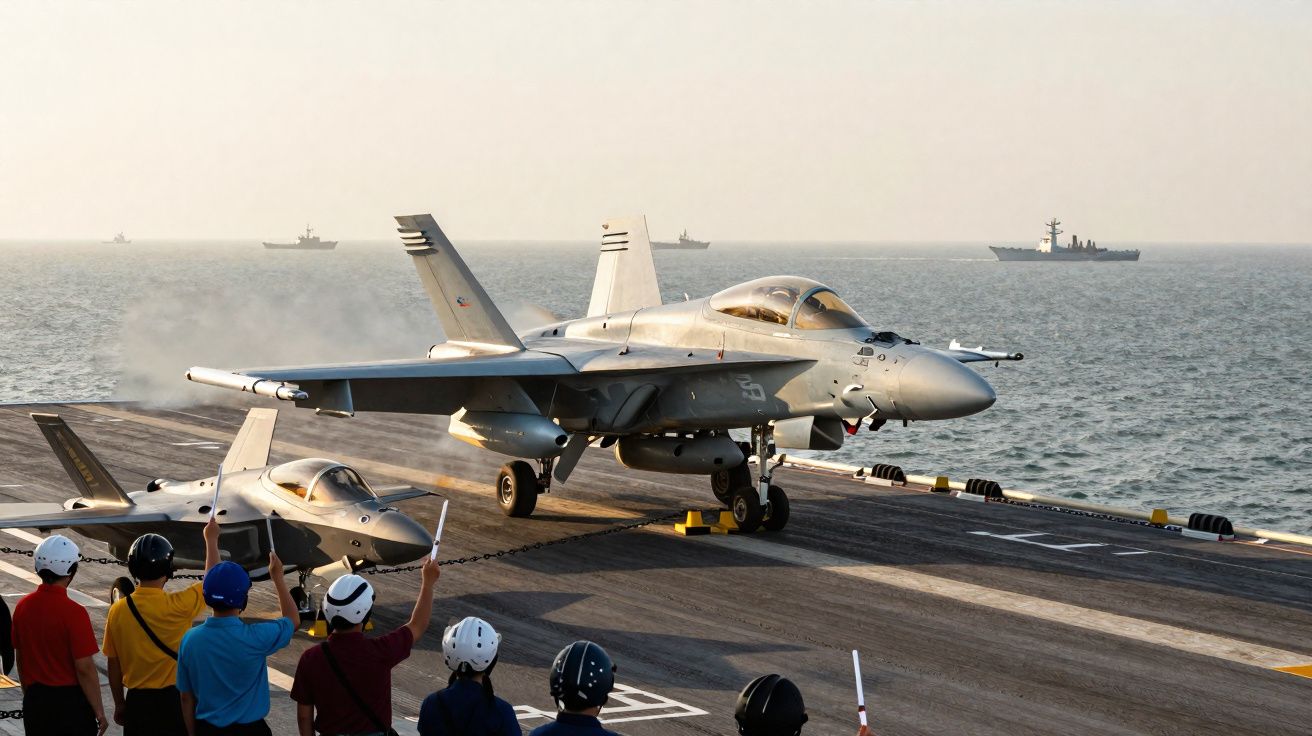 Caças militares no convés de porta-aviões com equipe de solo e navios ao fundo no mar.