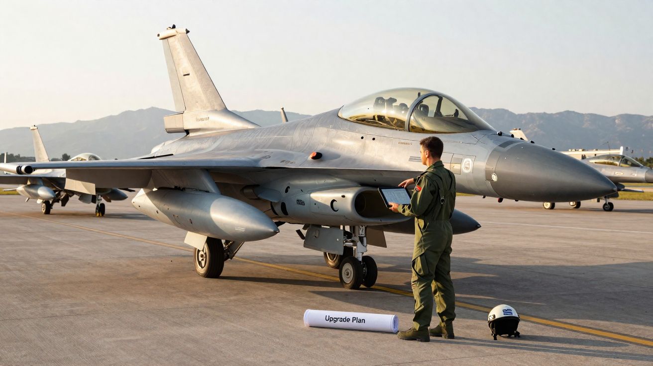 Militar em uniforme com tablet revisa plano ao lado de caça estacionado em pista de aeroporto.