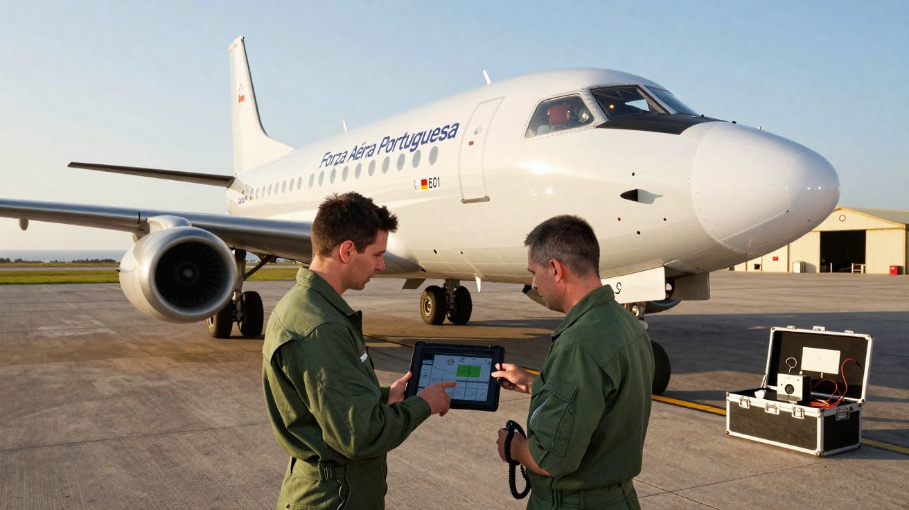 Dois militares em frente a um avião da Força Aérea Portuguesa conferindo equipamentos no solo.