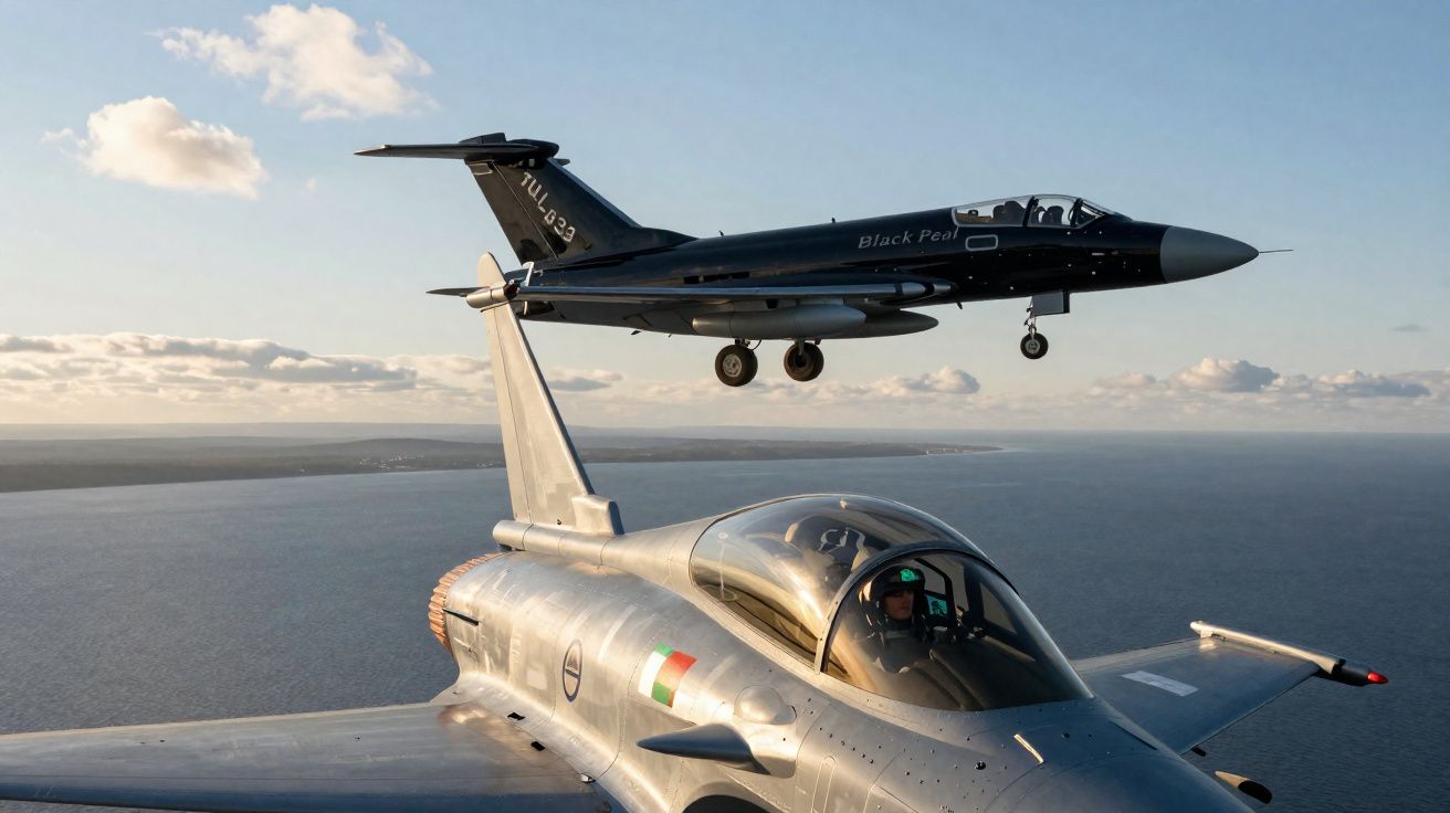 Dois aviões militares em voo sobre o mar durante o pôr do sol, um prata e outro preto.