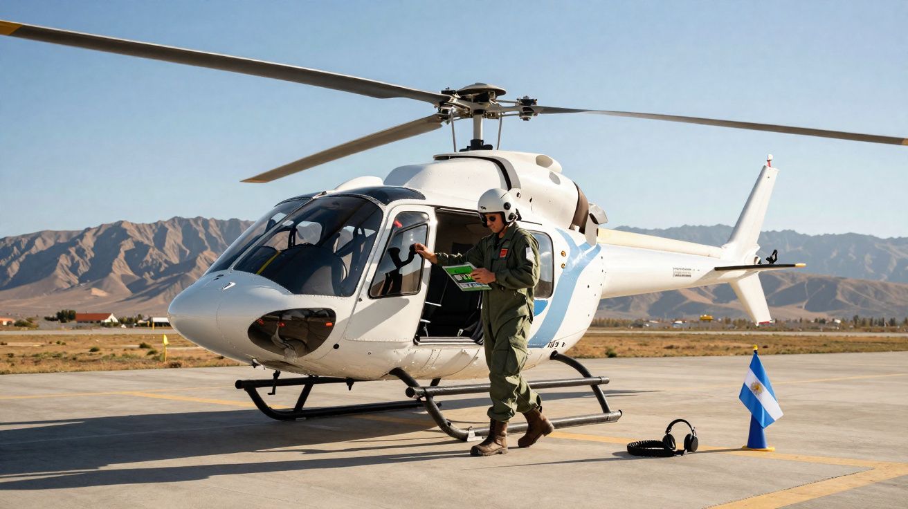 Piloto em uniforme verifica checklist ao lado de helicóptero branco em pista, com montanhas ao fundo.