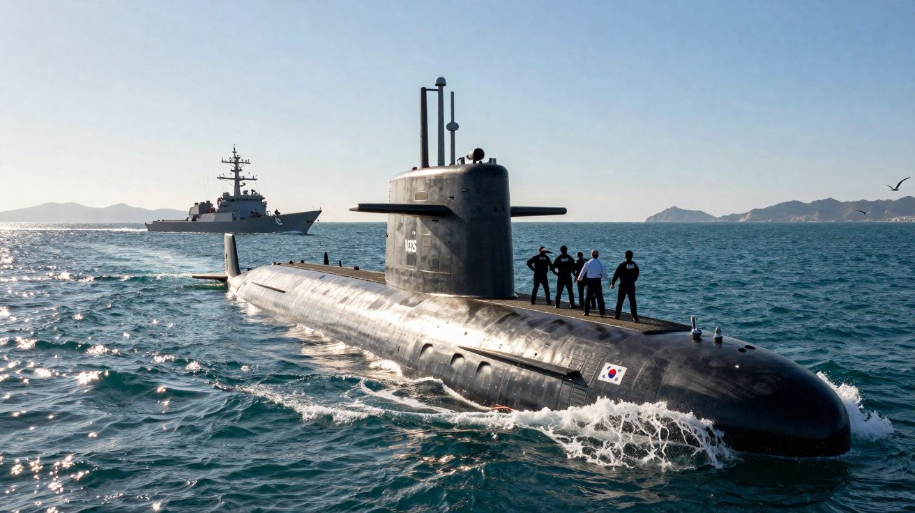 Submarino com tripulantes no convés navegando próximo à costa com navio de guerra ao fundo.